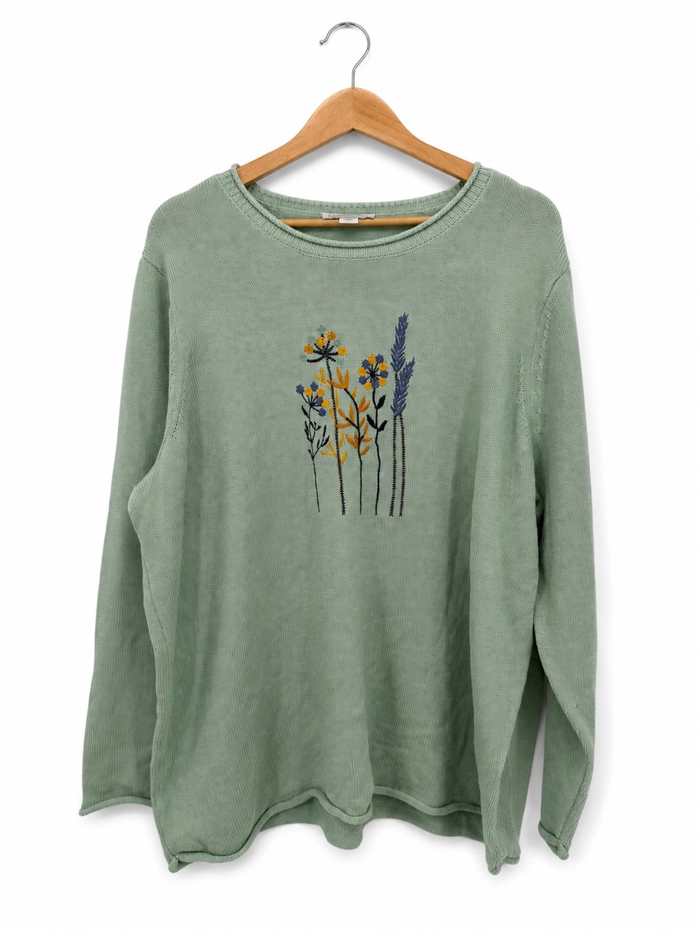 Coldwater Creek Green Embroidered Floral Knit Sweater Plus Size 2X